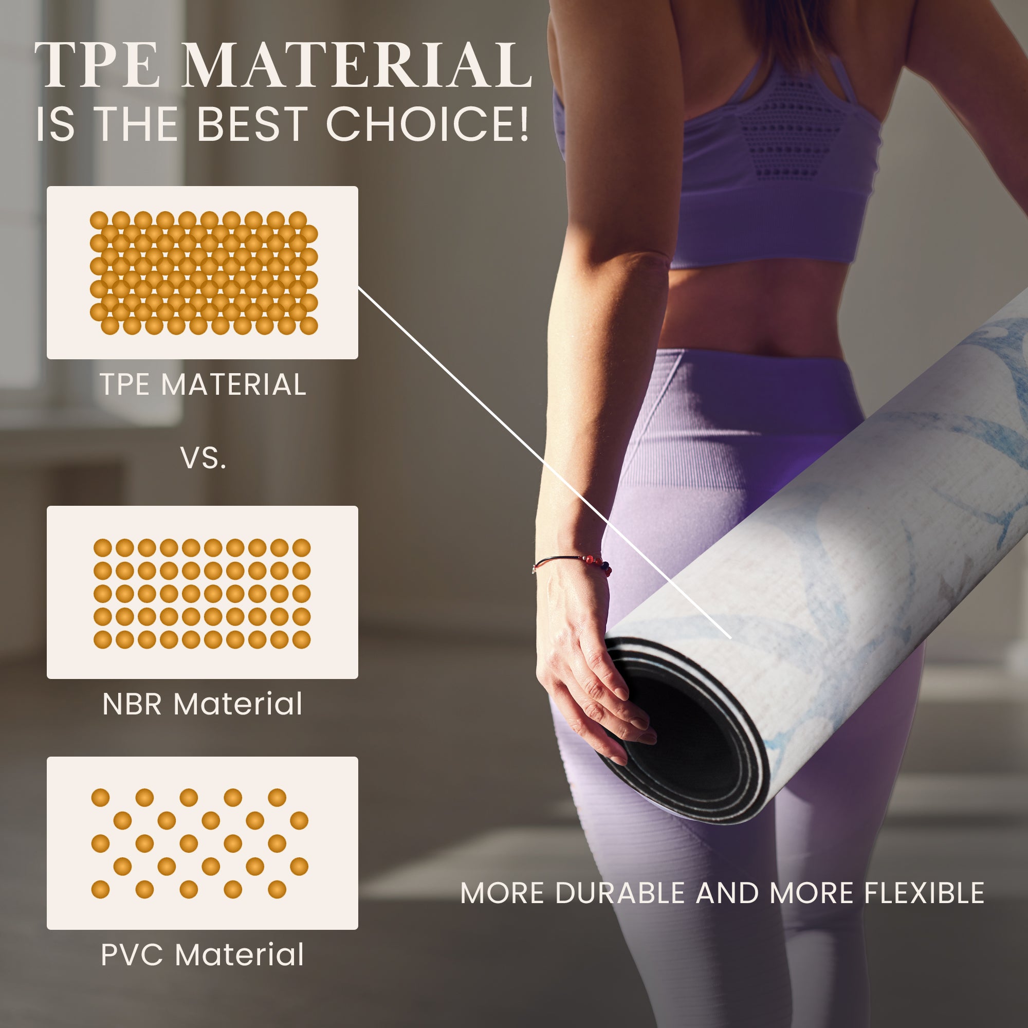 Yellow gold geometric triangle anti-fatigue yoga mat shown flat and rolled with non-slip backing