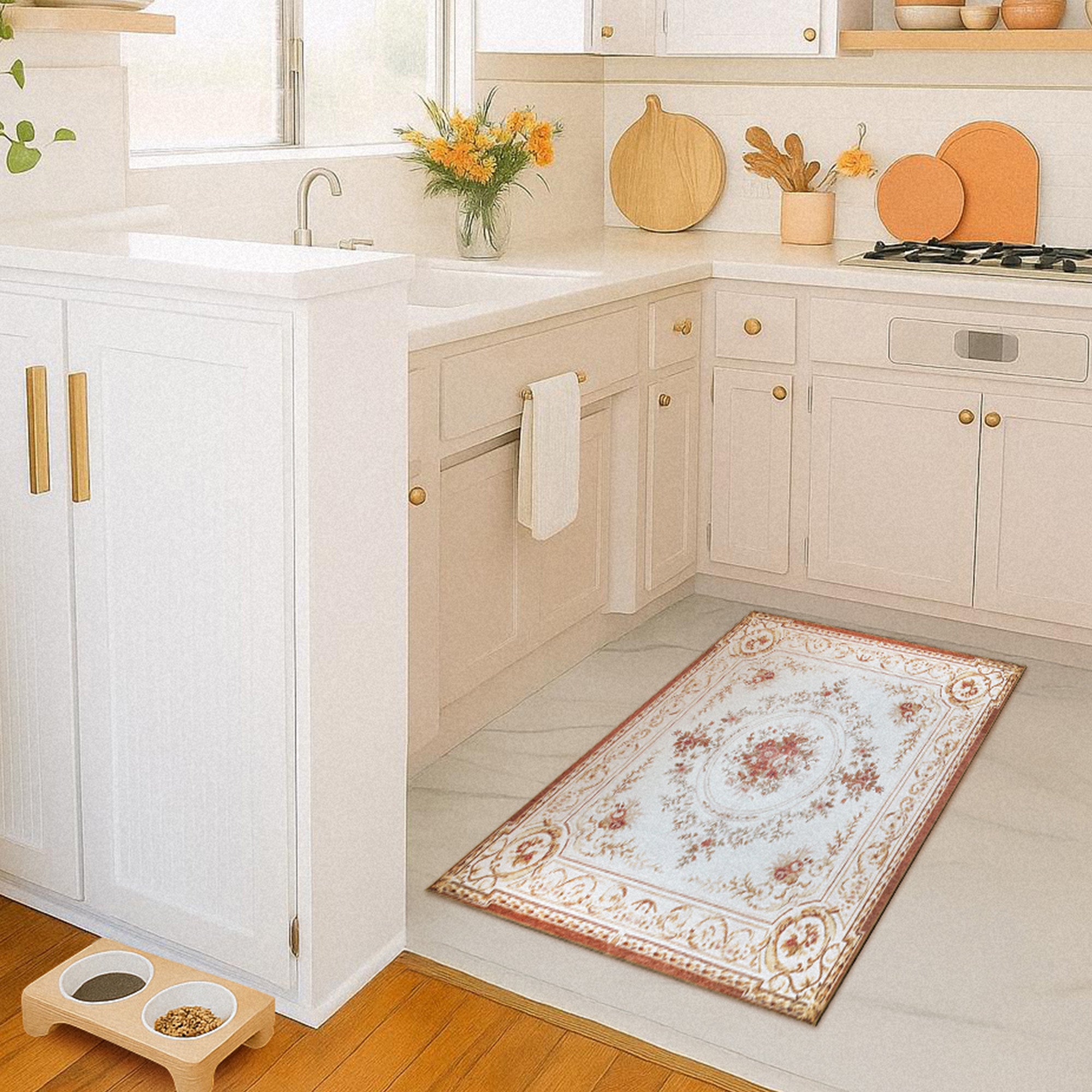Aubusson Beige Kitchen Washable Rug