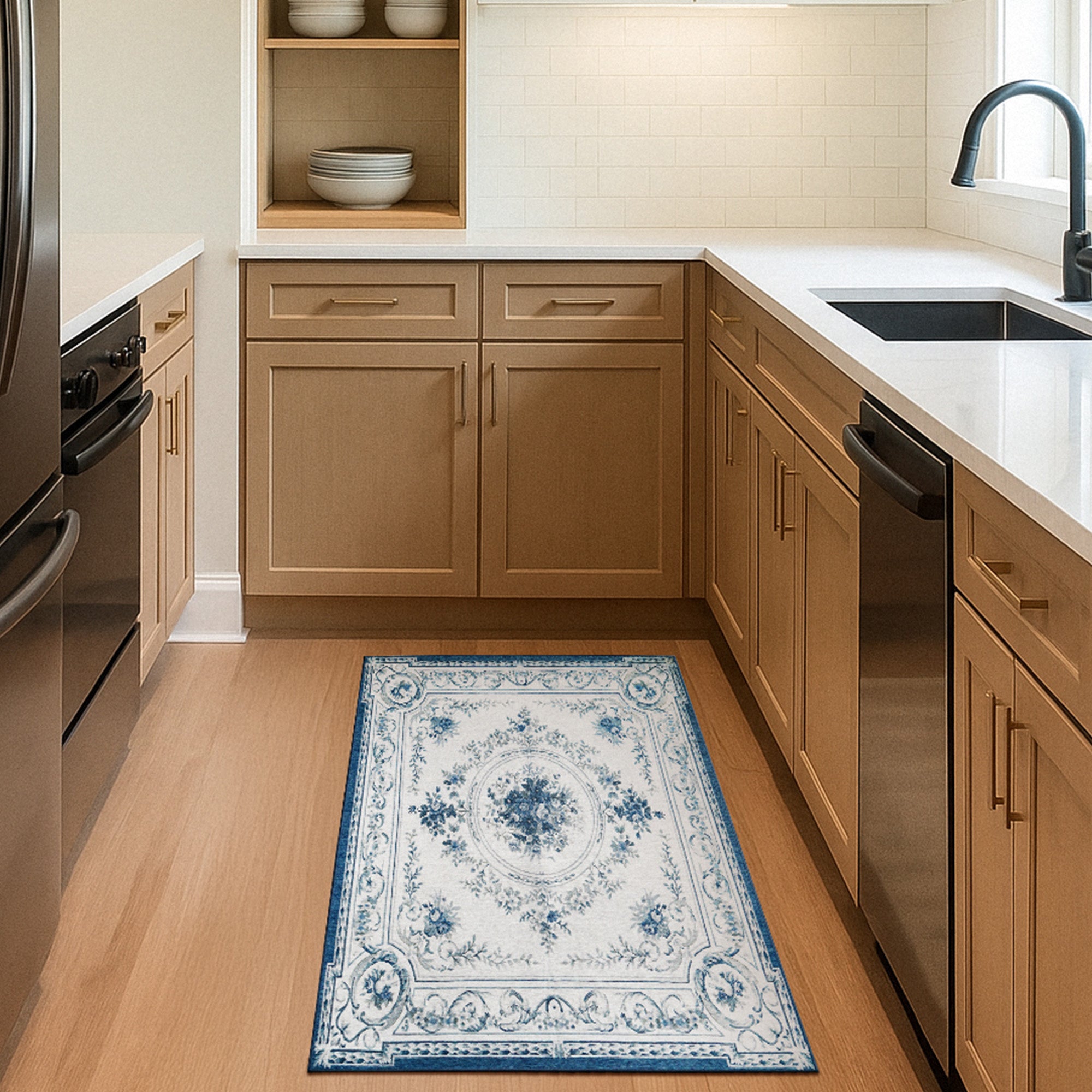 Aubusson Blue Kitchen Washable Rug
