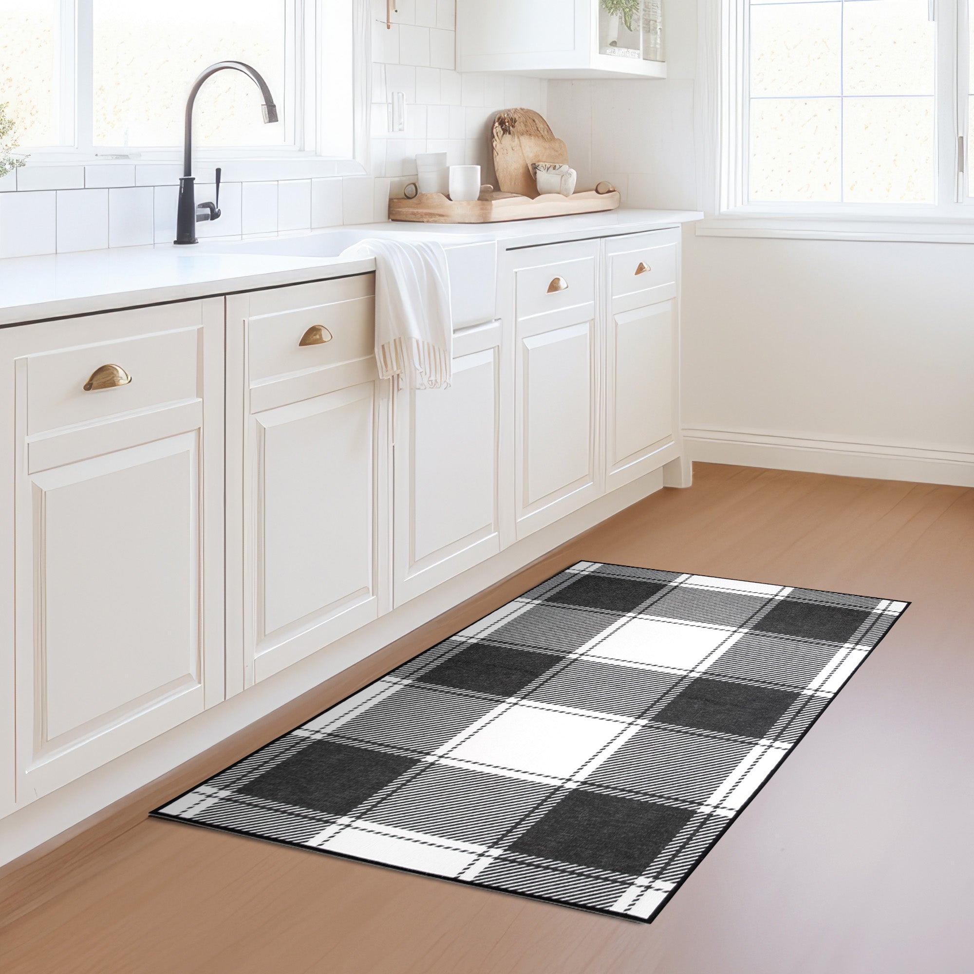 Buffalo Plaid Black and White Kitchen Washable Rug