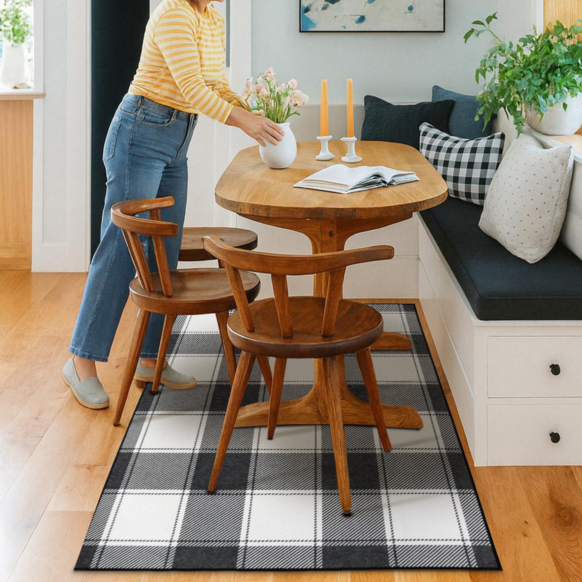 Buffalo Plaid Black and White Dining Room Washble Rug