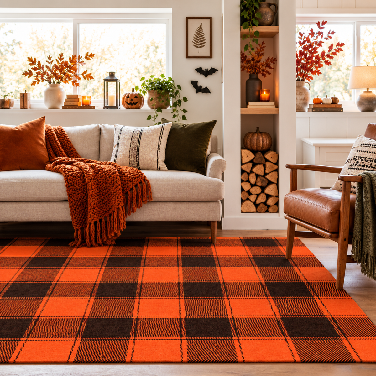 Buffalo Plaid Black Orange Machine Washable Rug