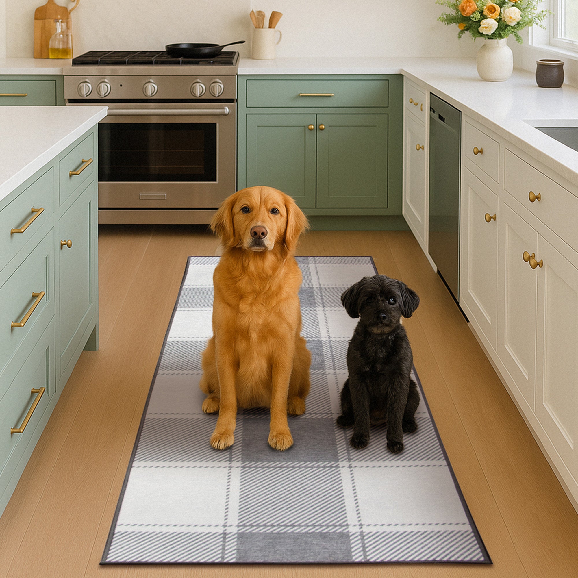 Buffalo Plaid Grey and White Kitchen Washable Rug