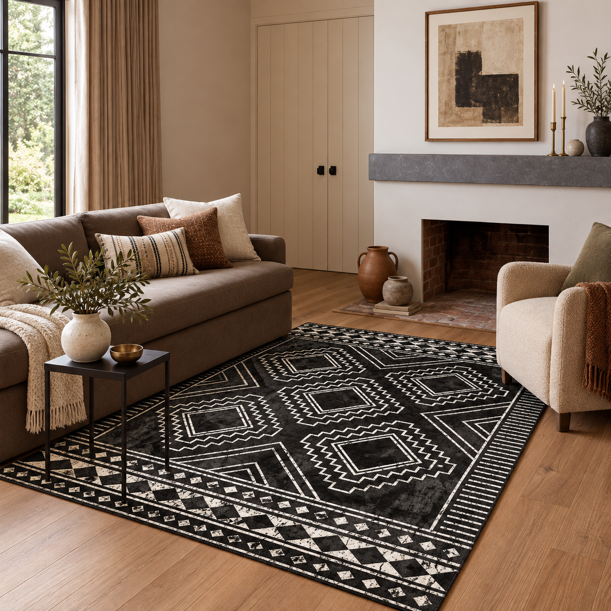 Capri Triangle Black White Machine Washable Rug