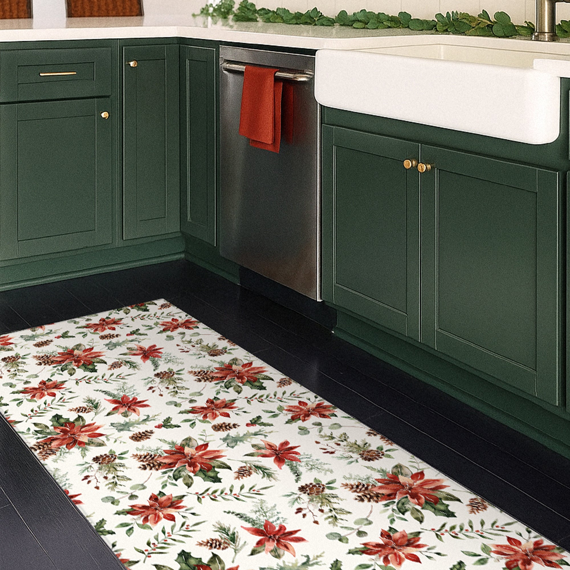 Holiday Winter Christmas Holly Red Poinsettia Machine Washable Rug