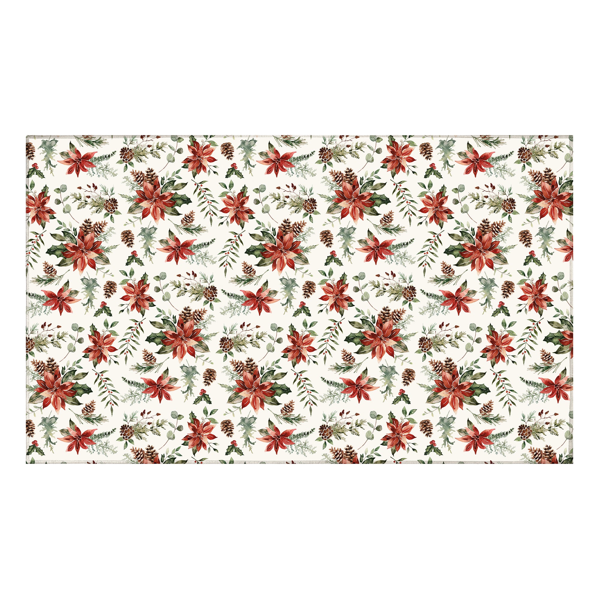 Holiday Winter Christmas Holly Red Poinsettia Machine Washable Rug