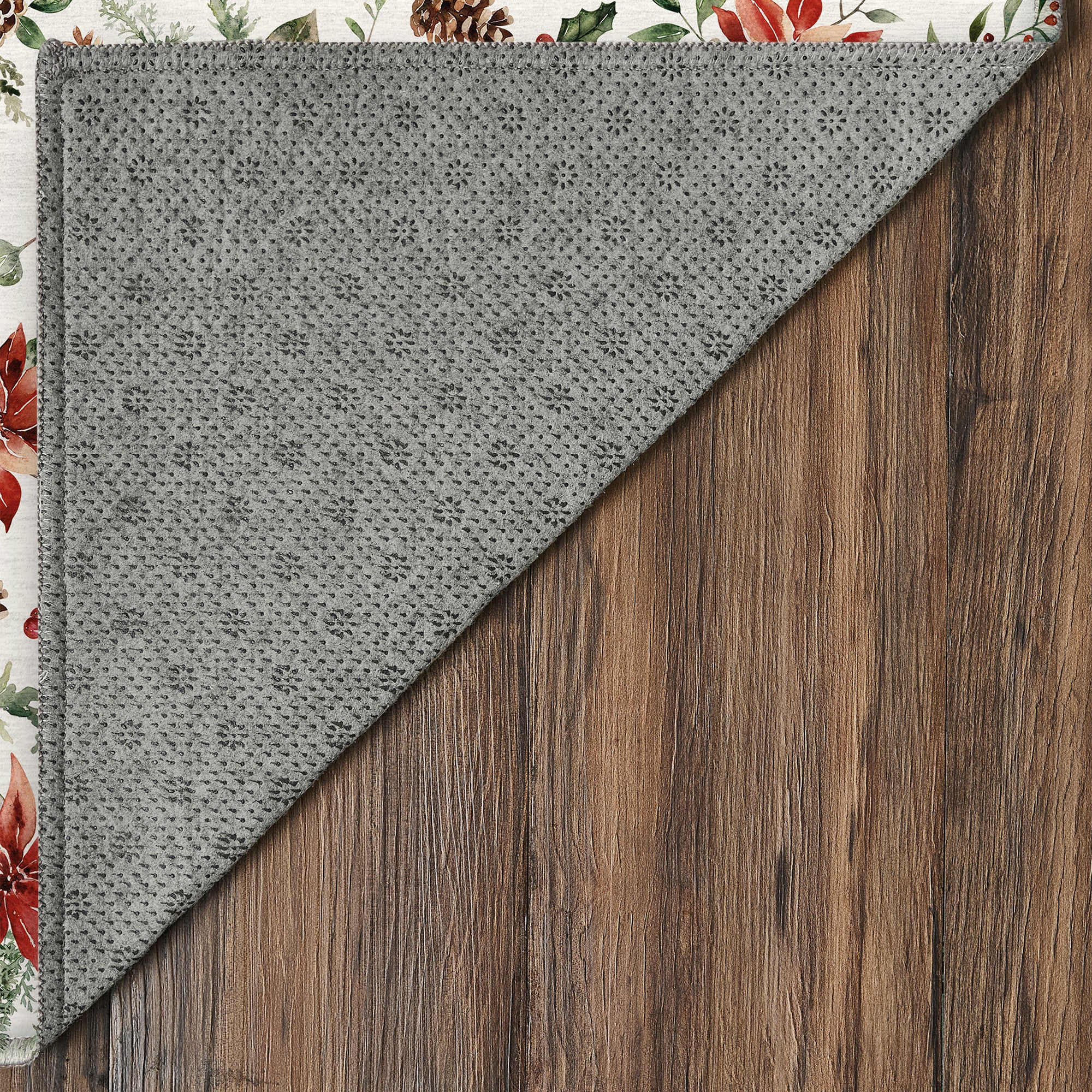 Holiday Winter Christmas Holly Red Poinsettia Machine Washable Rug