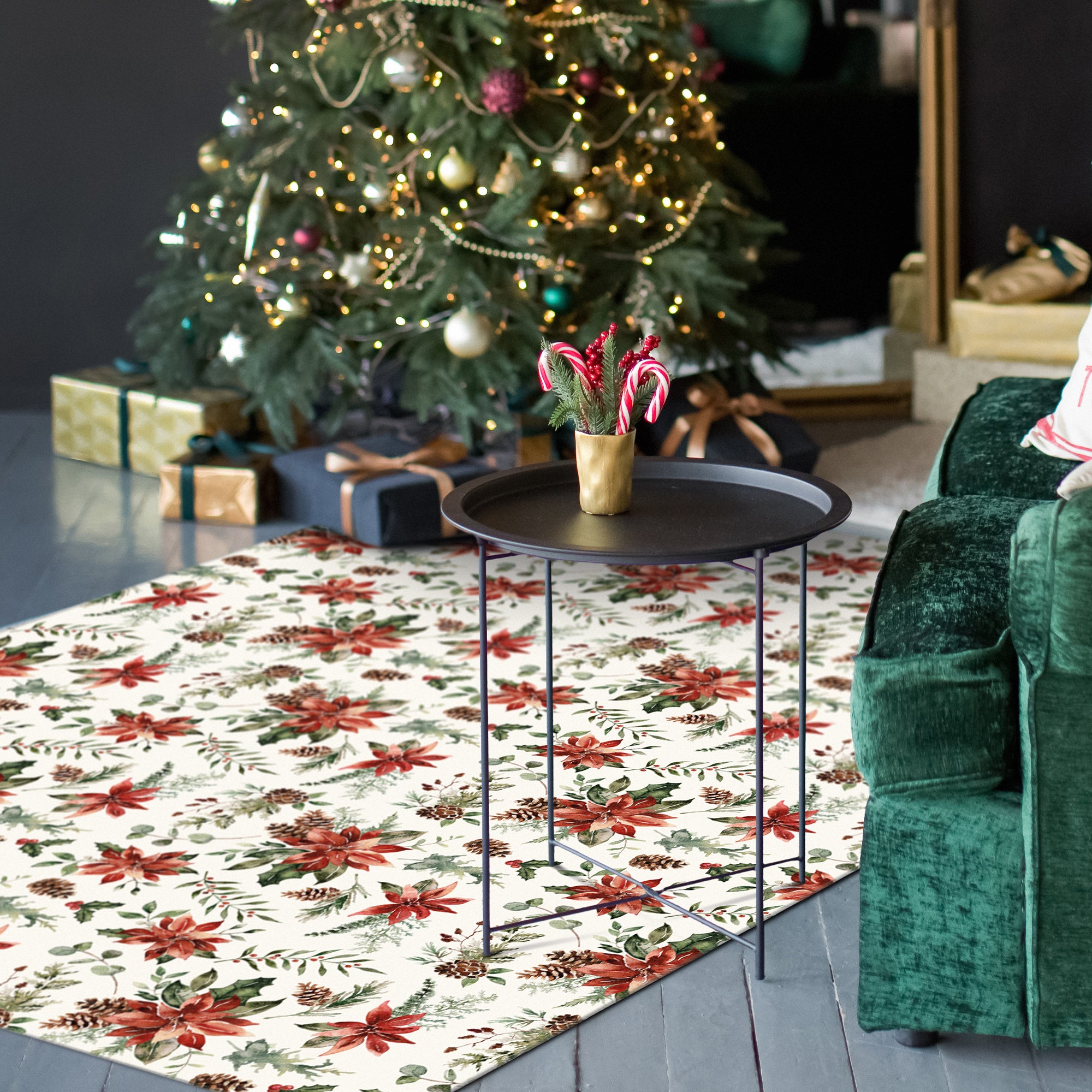 Holiday Winter Christmas Holly Red Poinsettia Machine Washable Rug
