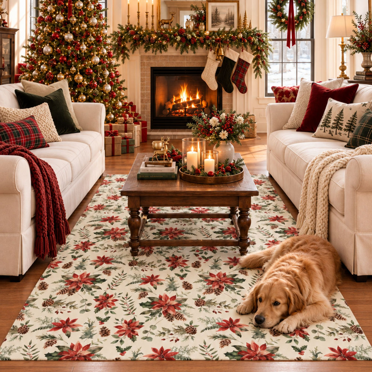 Holiday Winter Christmas Holly Red Poinsettia Machine Washable Rug
