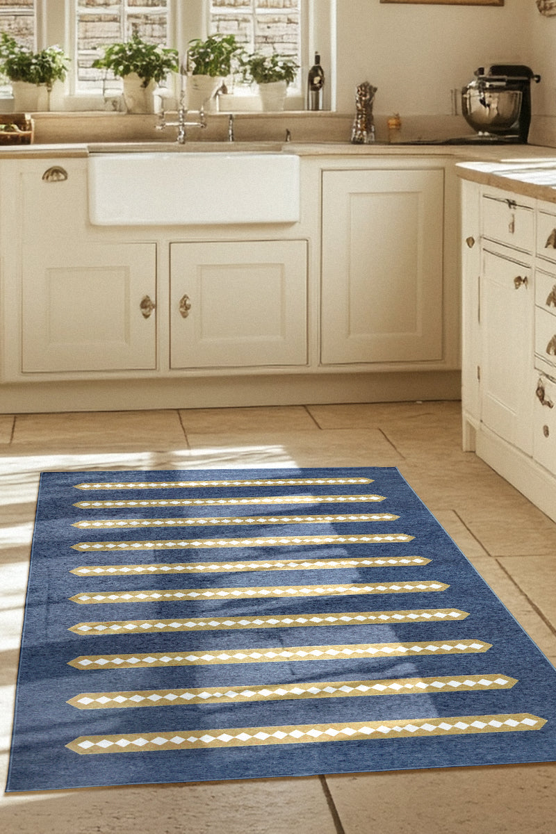Dash And Dot Indigo Camel Kitchen Washable Rug