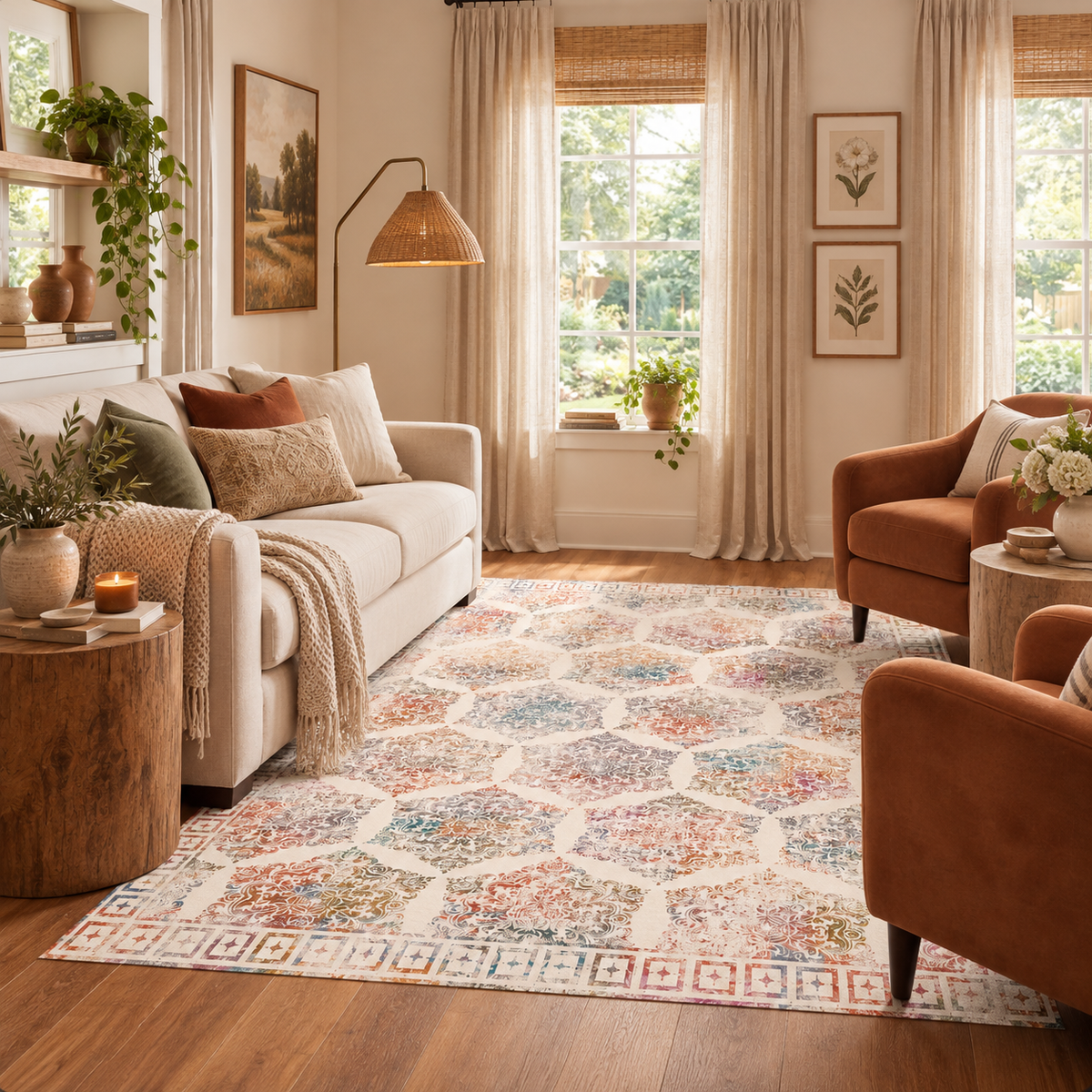 Delilah Damask Cream Machine Washable Rug