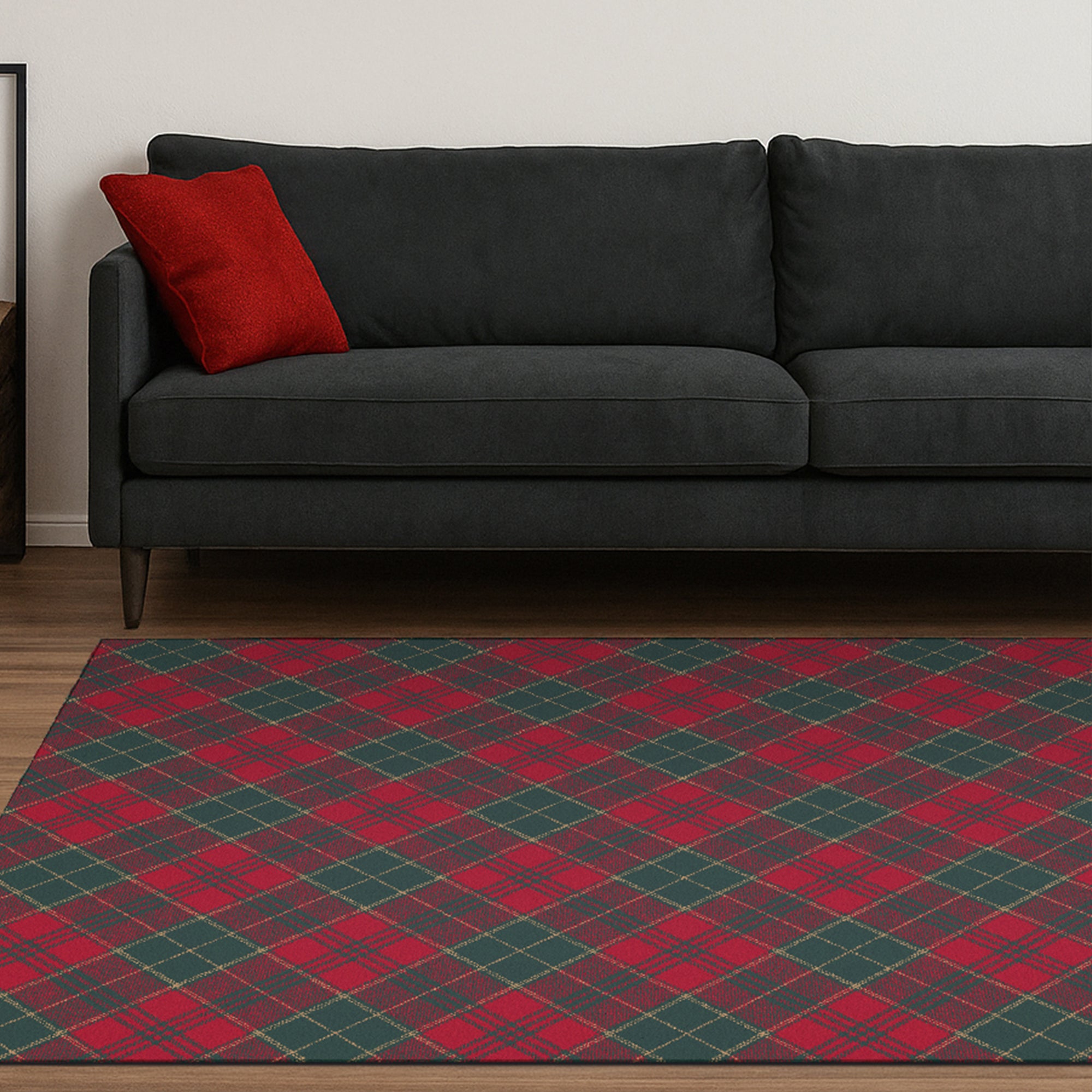 Holiday Winter Christmas Tartan Plain Red/Green Machine Washable Rug