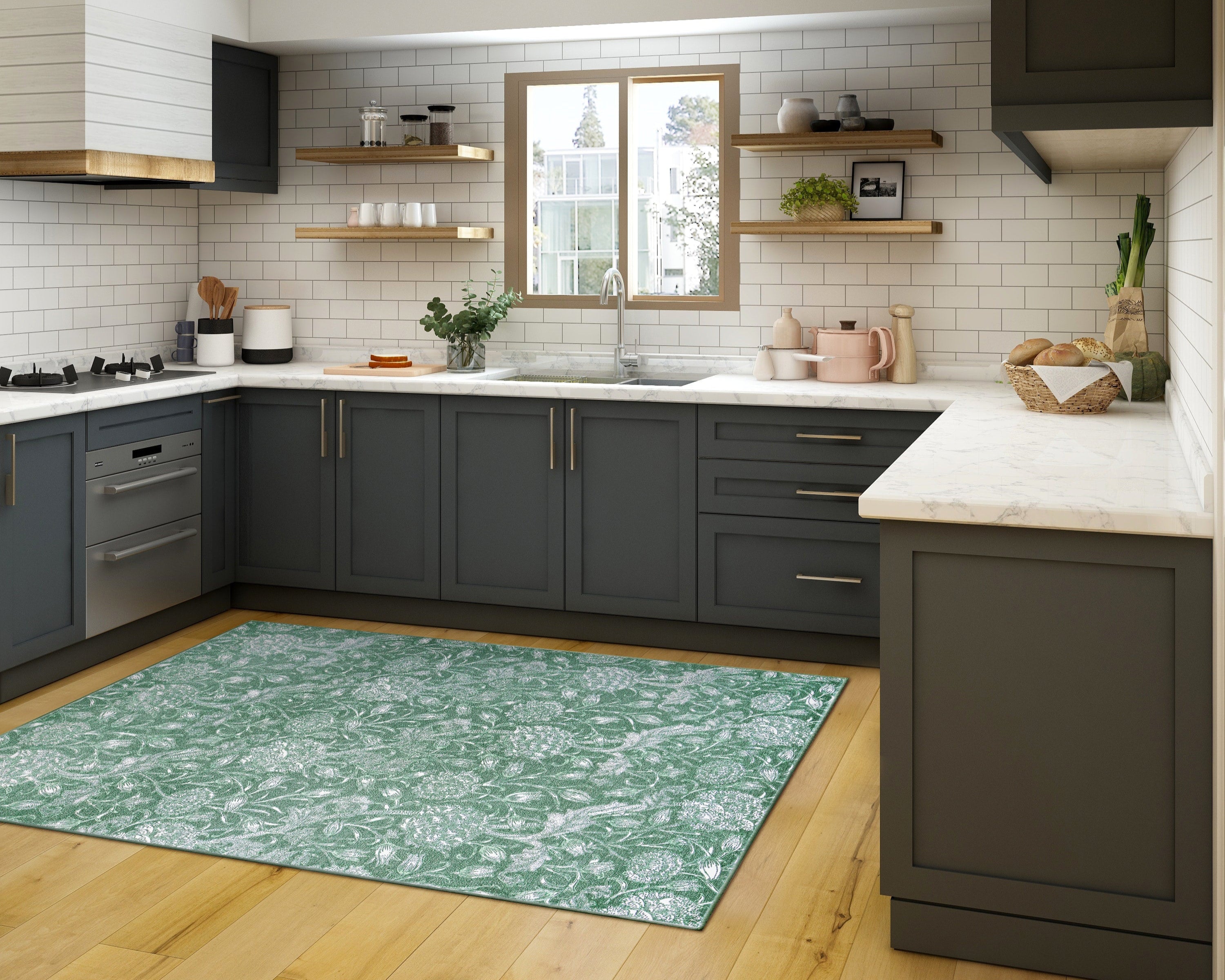 Kalini Floral Green Kitchen Washable Rug