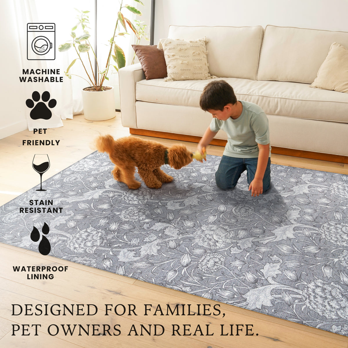 Kalini Floral Grey Washable Rug