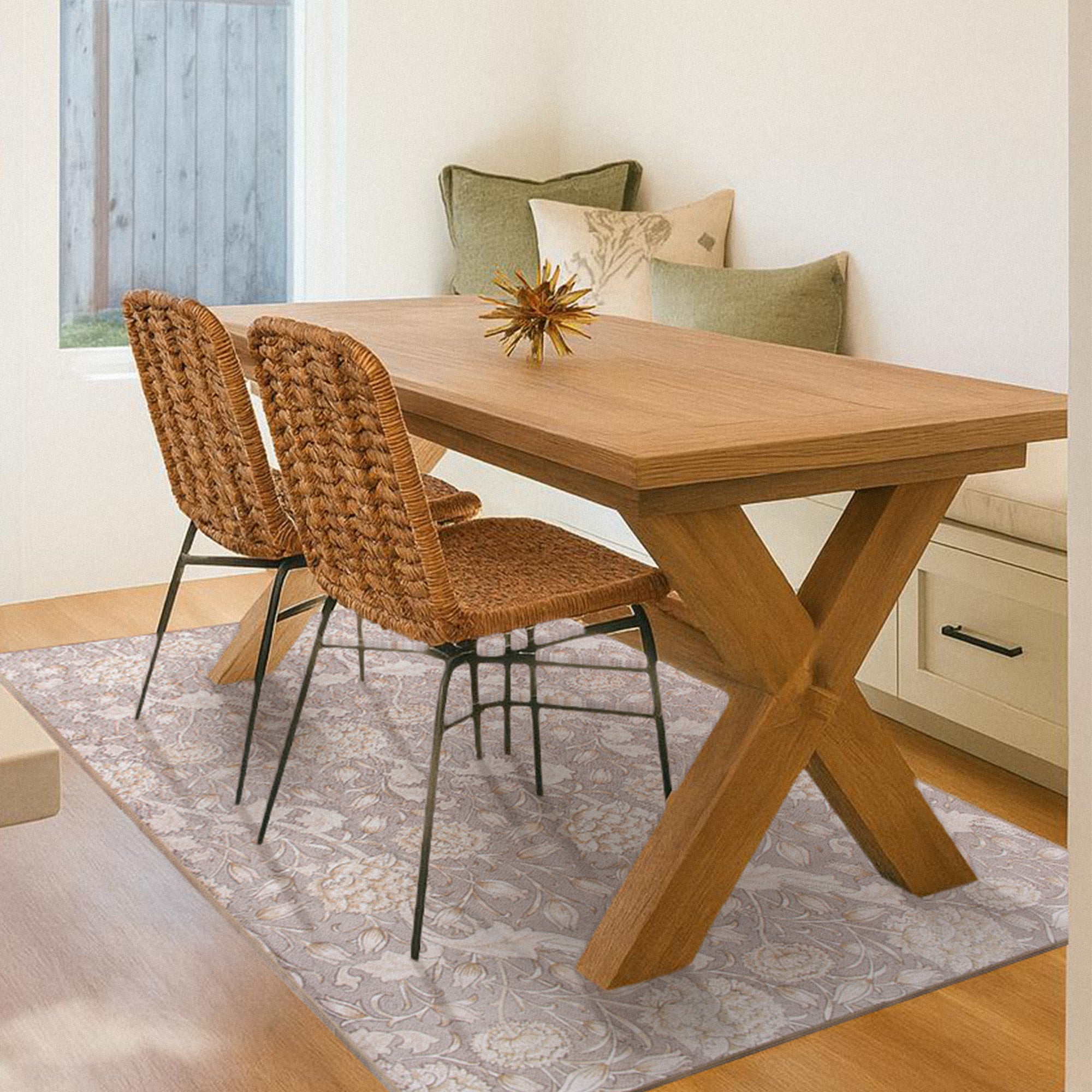 Kalini Floral Natural Dining Room Washble Rug