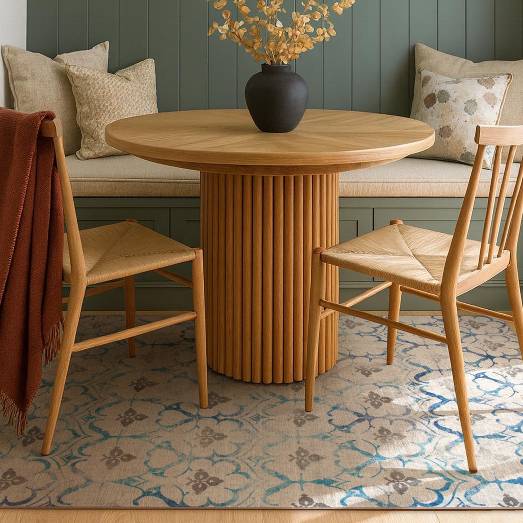 Leilani Damask Beige Blue Dining Room Washble Rug