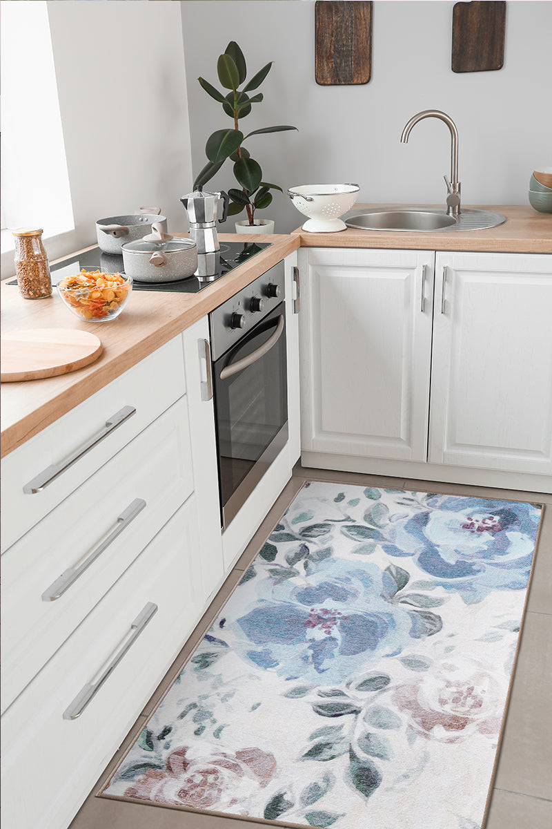 Sasha Floral Cream Blue Kitchen Washable Rug