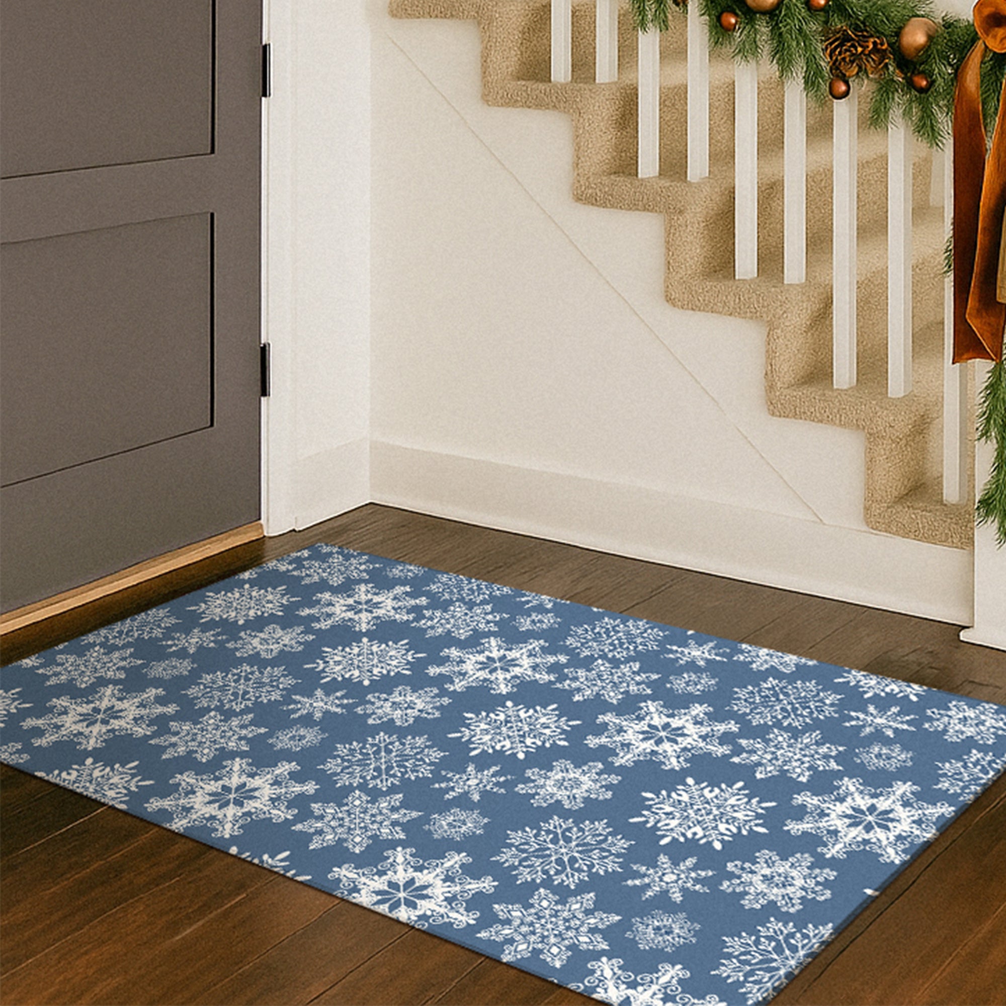 Holiday Winter Christmas Snowflakes Blue Machine Washable Rug