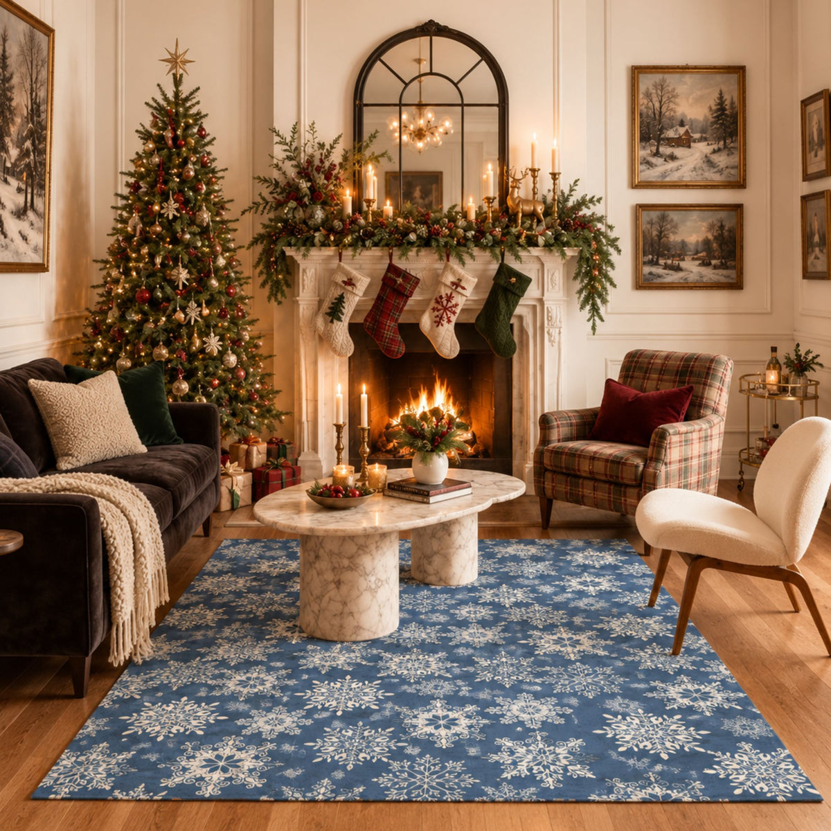 Holiday Winter Christmas Snowflakes Blue Machine Washable Rug