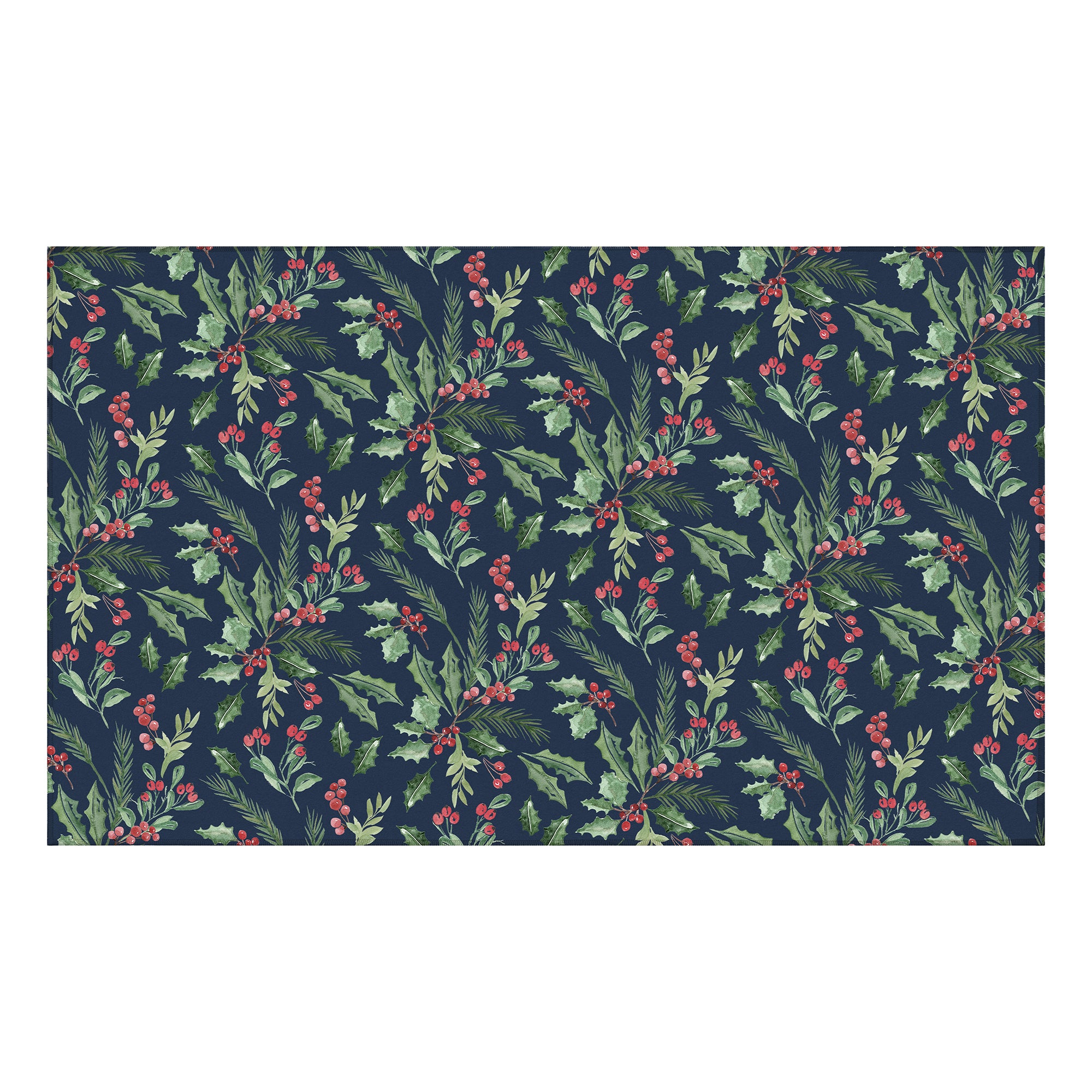 Holiday Winter Christmas Tradition Green Holly & Red Berries Machine Washable Rug