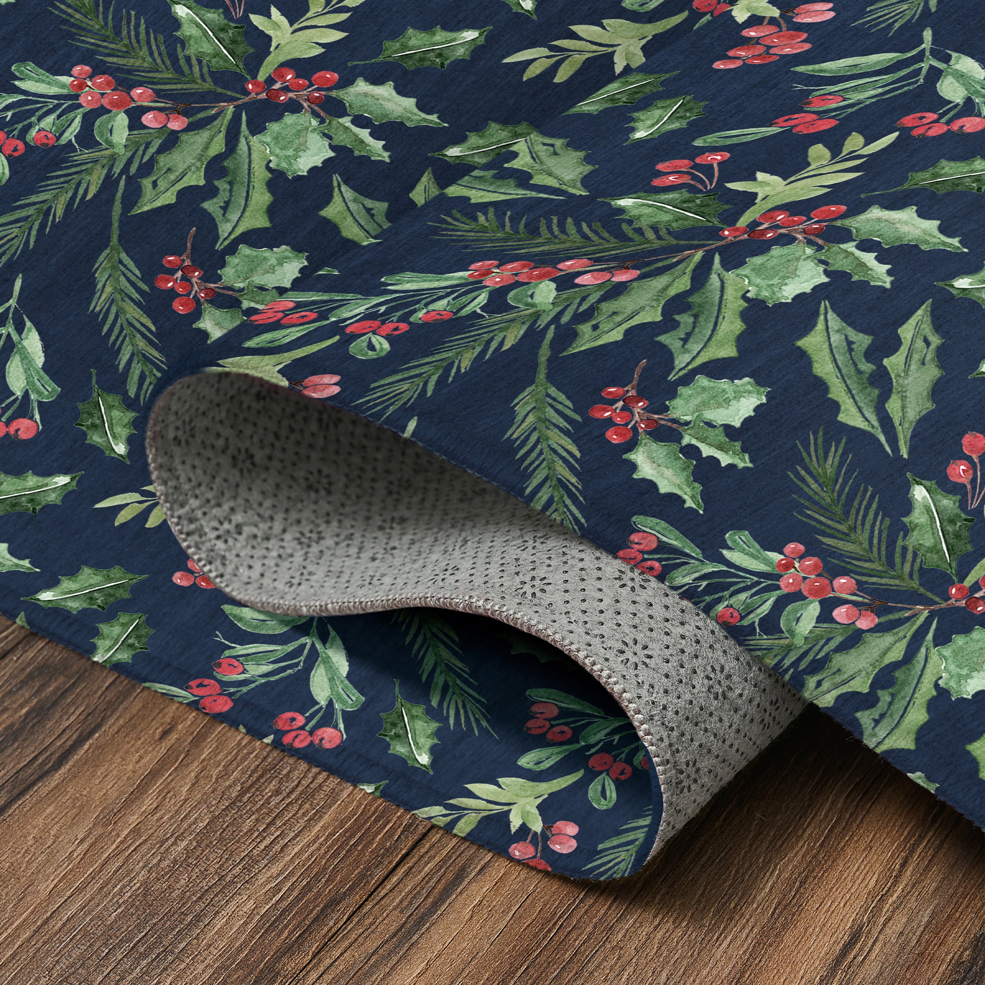 Holiday Winter Christmas Tradition Green Holly & Red Berries Machine Washable Rug