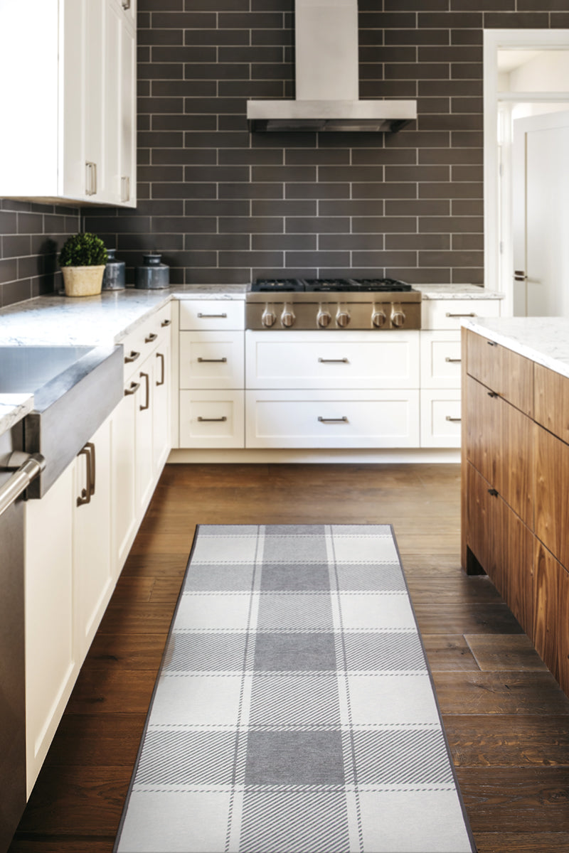 Buffalo Plaid Grey and White Kitchen Washable Rug
