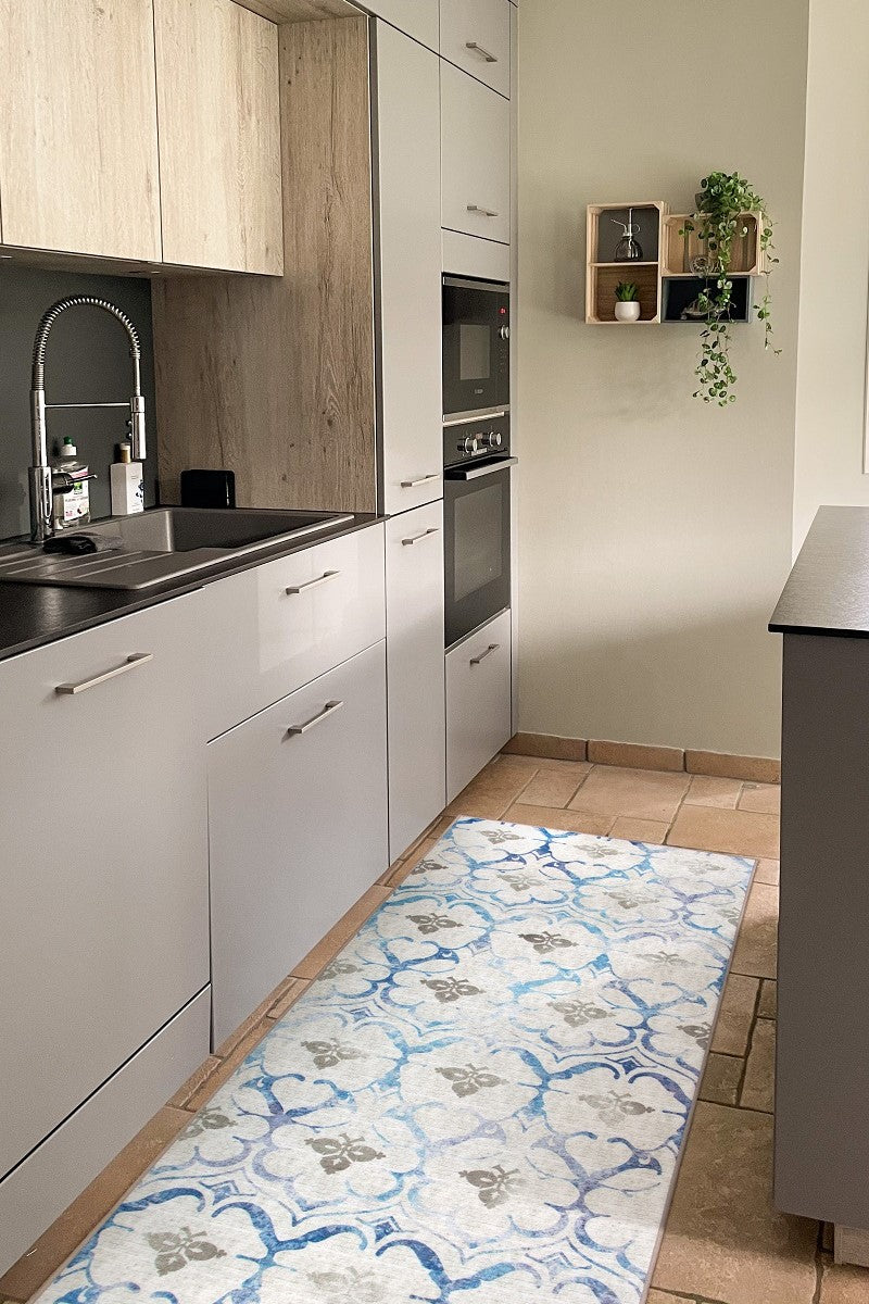 Leilani Damask Beige Blue Kitchen Washable Rug