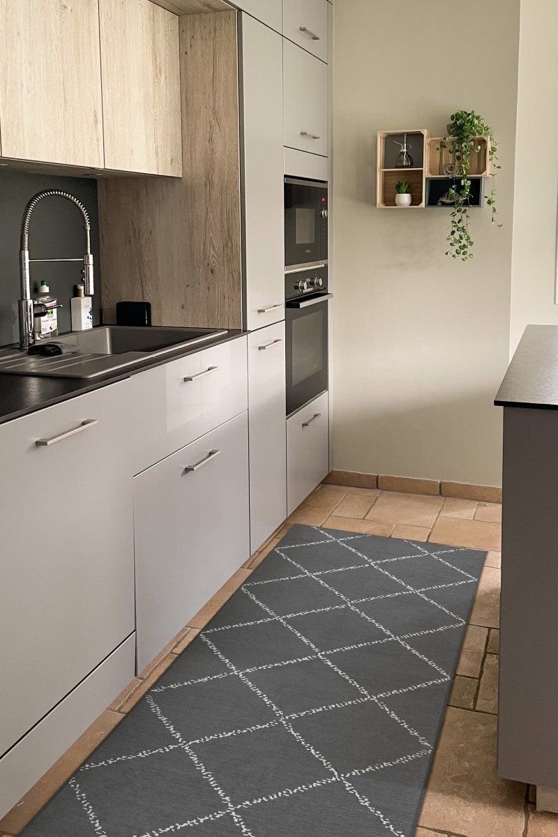 Medina Moroccan Diamond Grey Kitchen Washable Rug