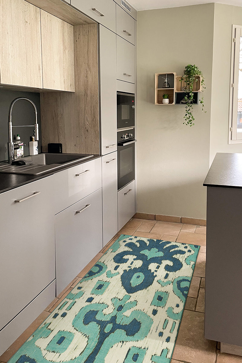 Ochre Ikat Steel Blue Kitchen Washable Rug