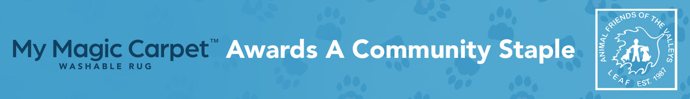 My Magic Carpet, Animal Friends of the Valley Blog header with both logos and Awards a Community Staple with paw prints.