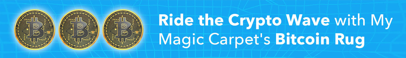 Blog hero for Ride the Cryptowave with My Magic Carpet's Bitcoin Rug in blue with the B logo round rug. 