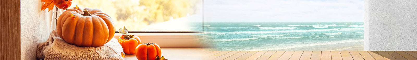 Image of a balcony over looking the ocean and pumpkins stacked in the corner of a house.