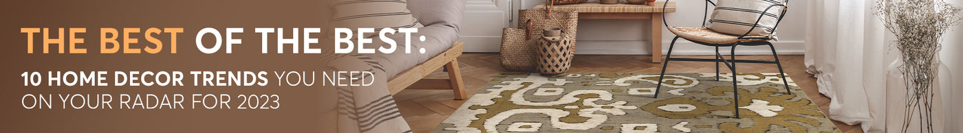 The Best of the Best: 10 Home Decor Trends You Need on Your Radar for 2023 over top a living room featuring the My Magic Carpet Ochre Ikat Grey Gold washable rug.
