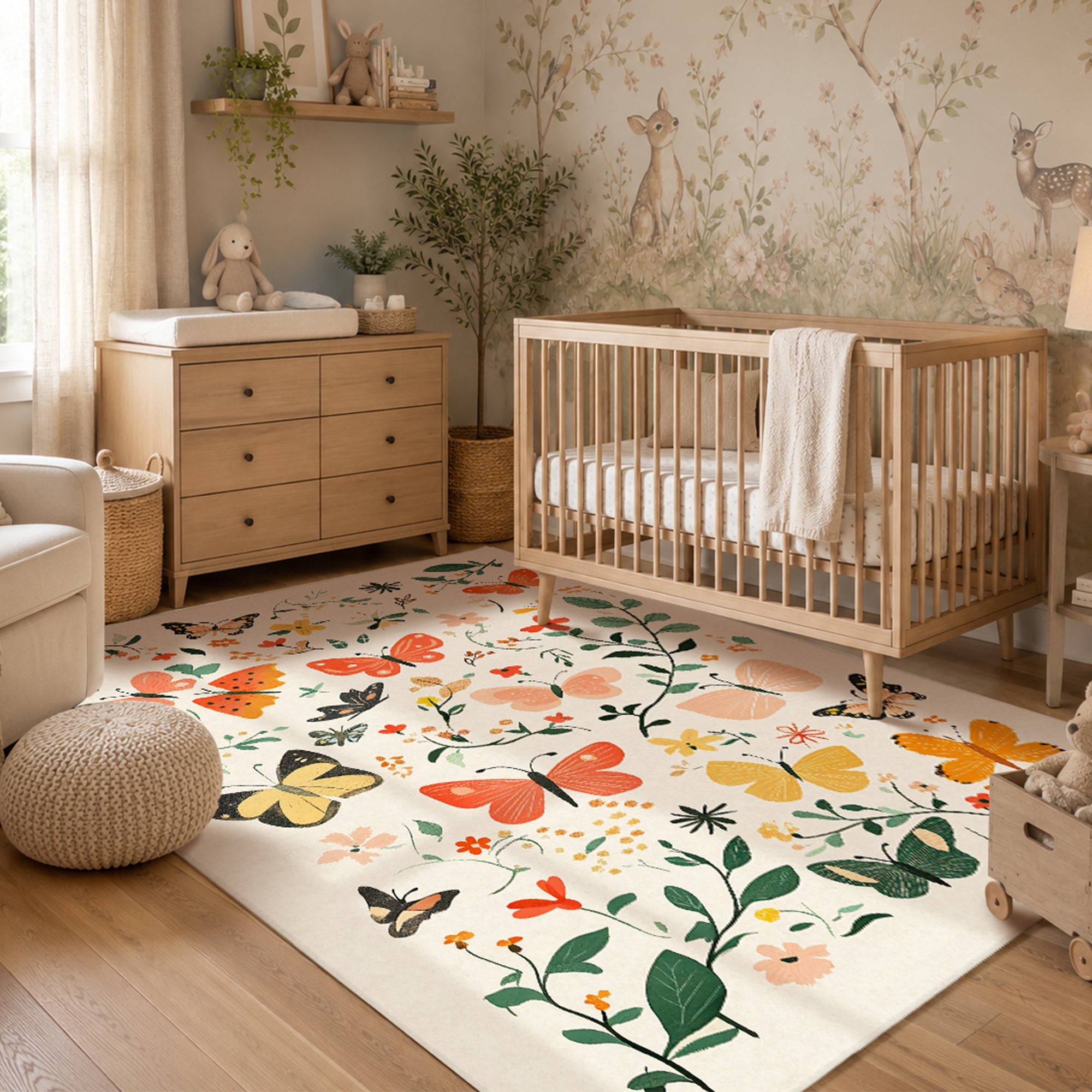 Bright Butterflies Machine Washable Area Rug, Butterfly, Kids design, Ruggable style washable rug for Kids Room.