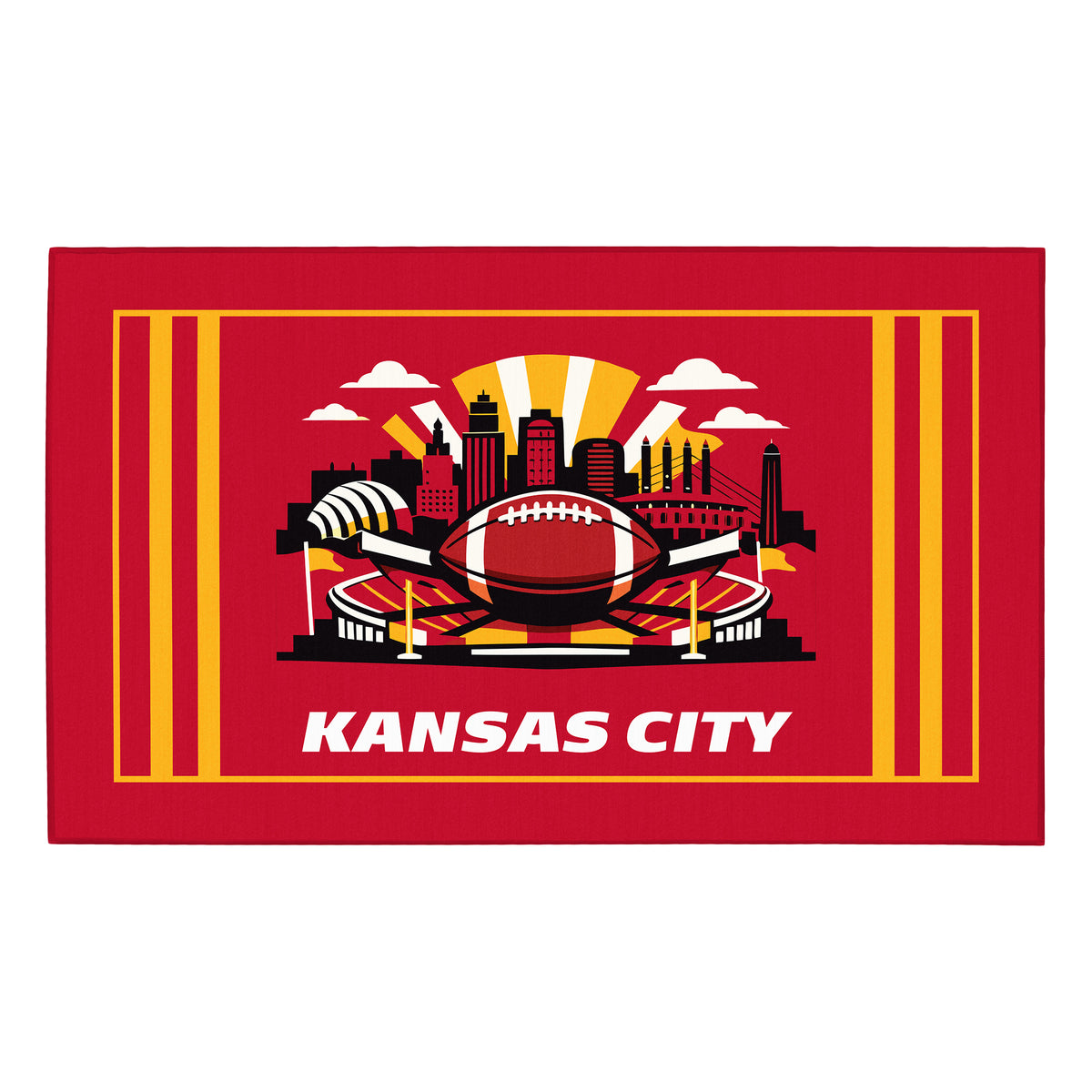 My Magic Carpet 3 x 5 Kansas City football machine washable area rug in red, yellow, black and white, NFL fan decor with Kansas City Chiefs-inspired skyline and football graphic.