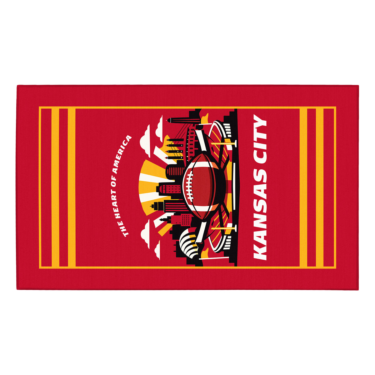 My Magic Carpet 5 x 7 Kansas City football machine washable area rug in red, yellow, black and white, NFL game room decor with Kansas City Chiefs-inspired football and skyline artwork.