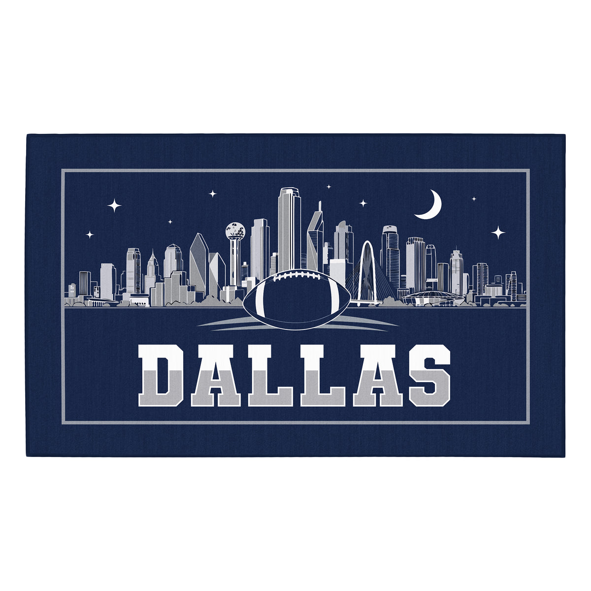 My Magic Carpet 3 x 5 Dallas football machine washable area rug in navy blue, silver, gray and white, NFL fan decor with Dallas Cowboys-inspired skyline and football graphic.