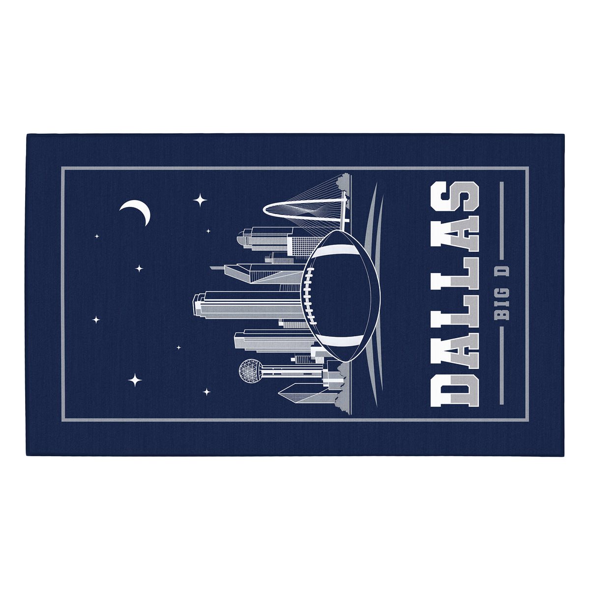 My Magic Carpet 5 x 7 Dallas football machine washable area rug in navy blue, silver, gray and white, NFL game room decor with Dallas Cowboys-inspired skyline and football artwork.
