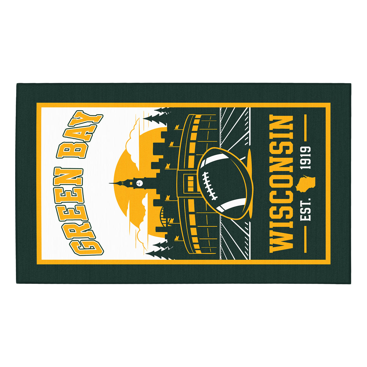 My Magic Carpet 5 x 7 Green Bay football machine washable area rug in dark green, gold, cream and white, NFL game room decor with Green Bay Packers-inspired football and Wisconsin artwork.