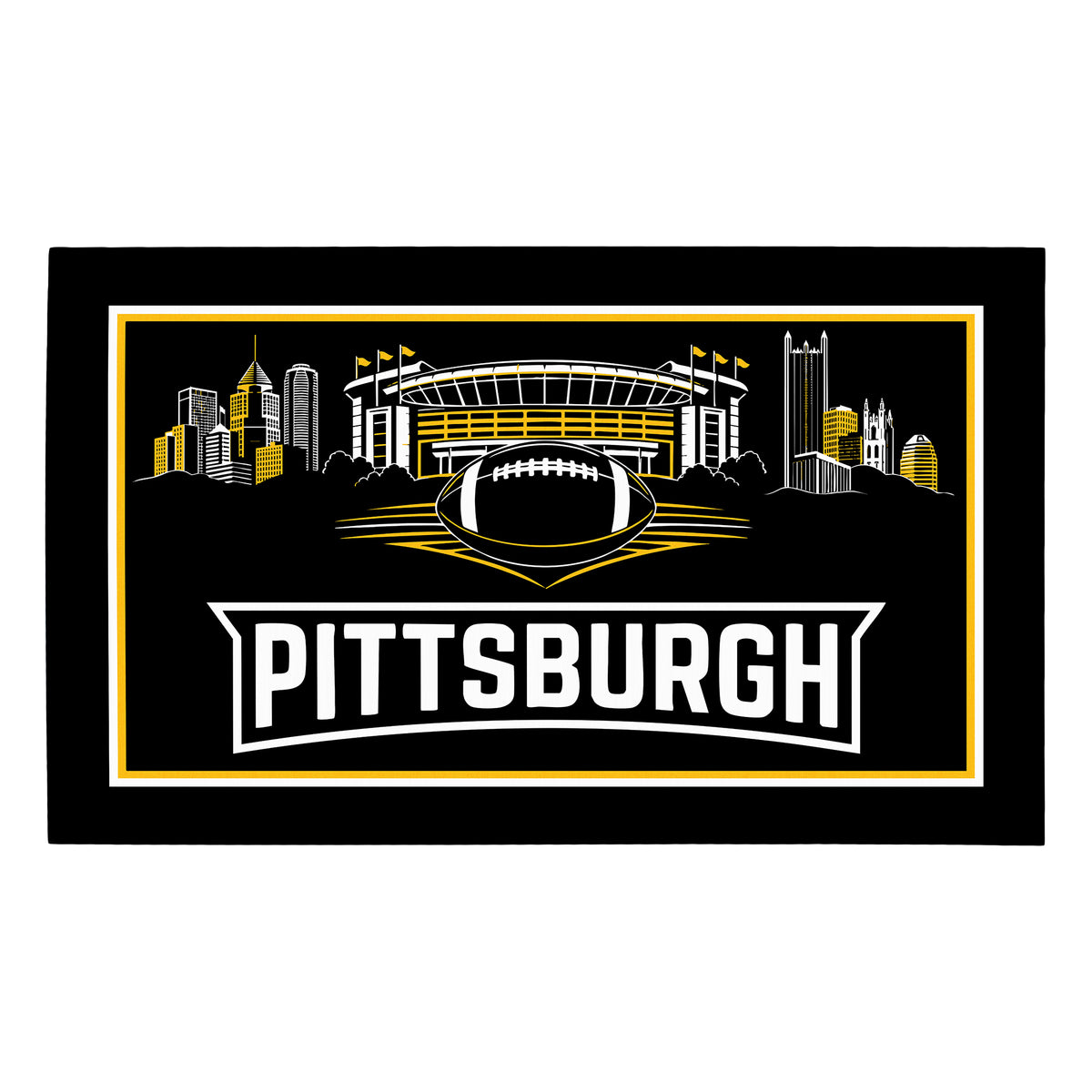 My Magic Carpet 3 x 5 Pittsburgh football machine washable area rug in black, gold and white, NFL fan decor with Pittsburgh Steelers-inspired skyline, stadium and football graphic.