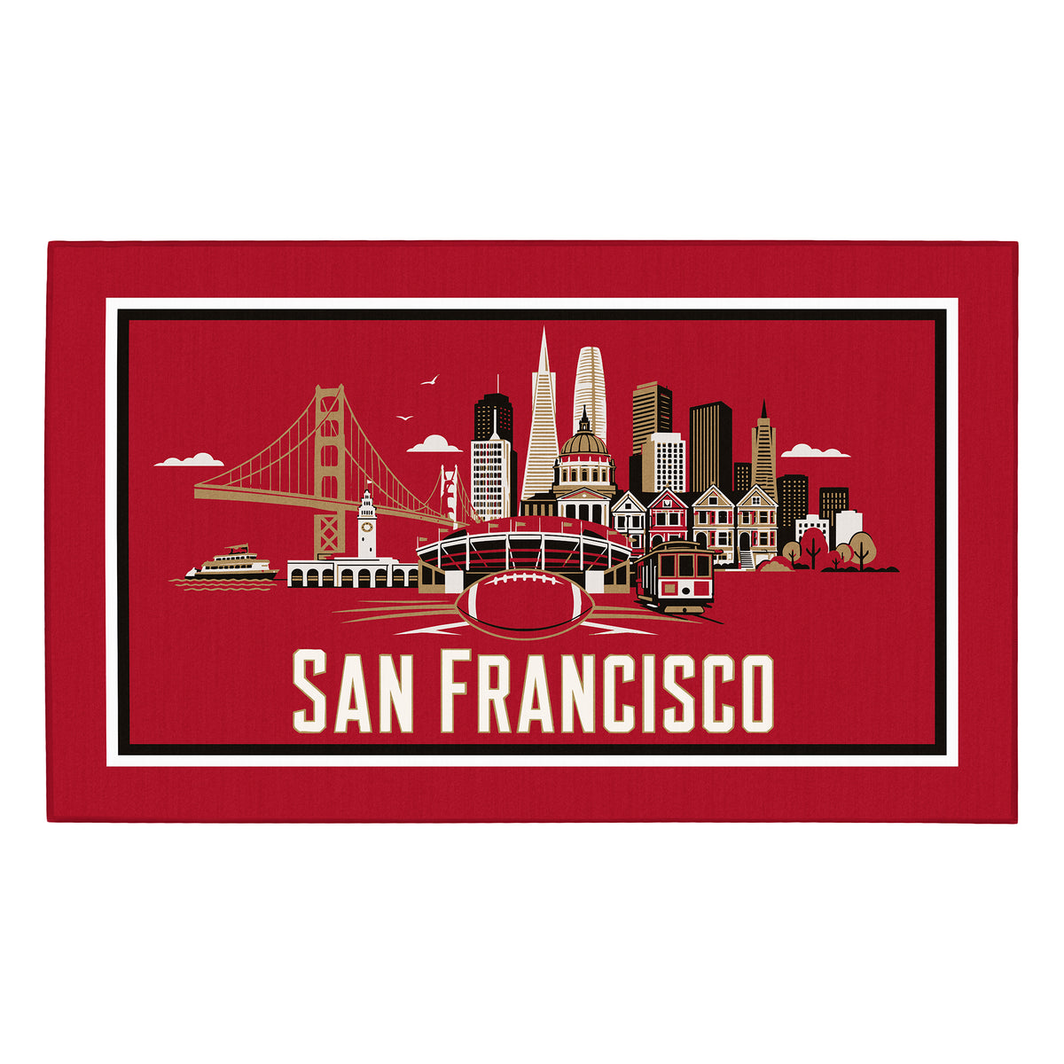 My Magic Carpet 3 x 5 San Francisco football machine washable area rug in red, gold, black and cream, NFL fan decor with San Francisco 49ers-inspired Golden Gate Bridge, cable car and football graphic.