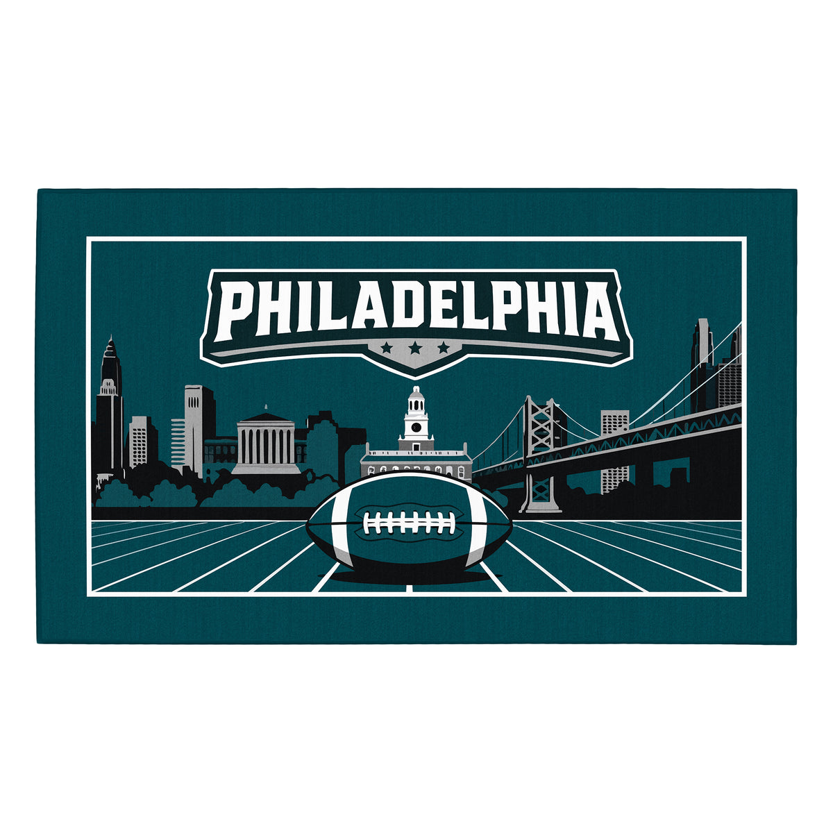 My Magic Carpet 3 x 5 Philadelphia football machine washable area rug in midnight green, black, white and gray, NFL fan decor with Philadelphia Eagles-inspired skyline, bridge and football graphic.