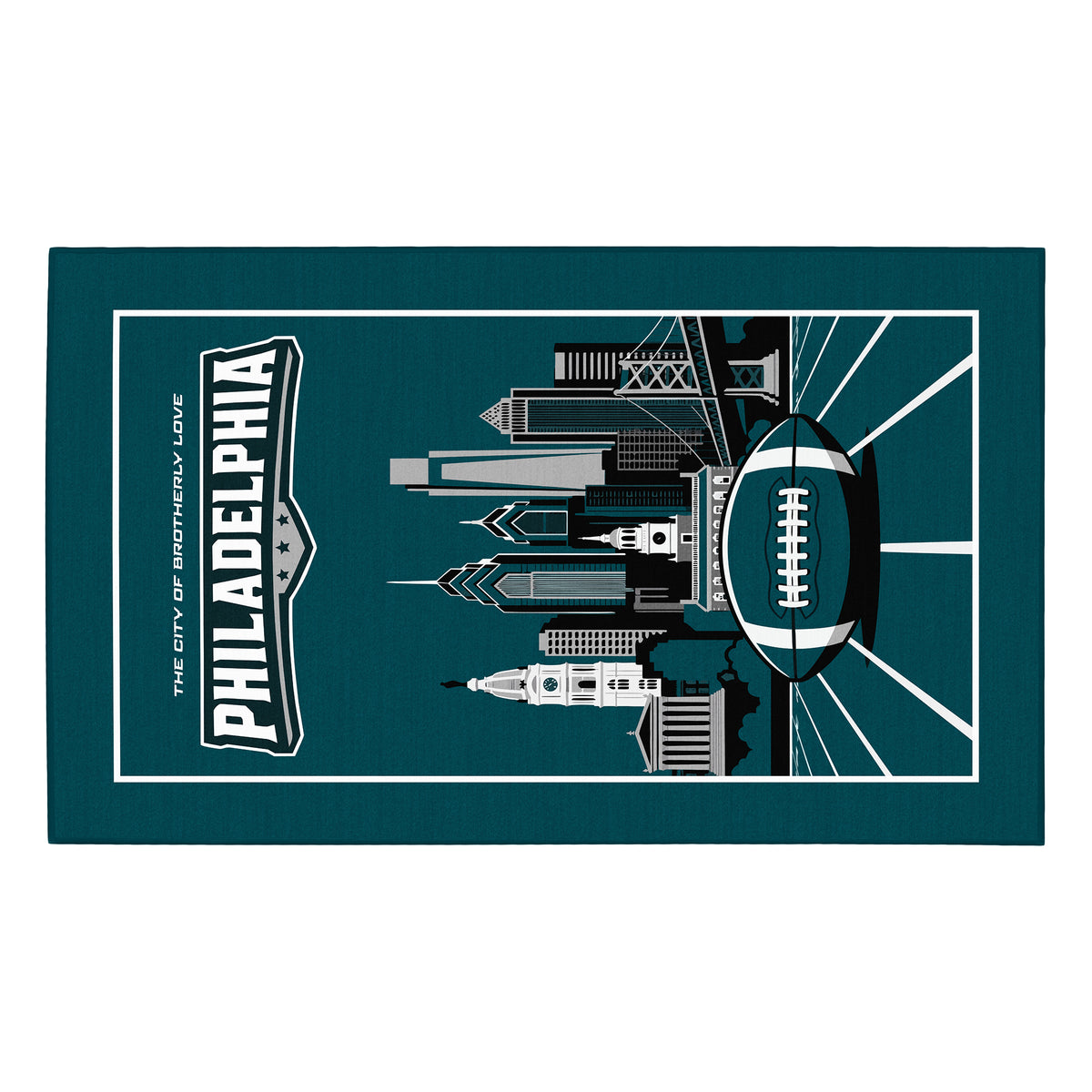 My Magic Carpet 5 x 7 Philadelphia football machine washable area rug in midnight green, black, white and gray, NFL game room decor with Philadelphia Eagles-inspired skyline, bridge and football artwork.