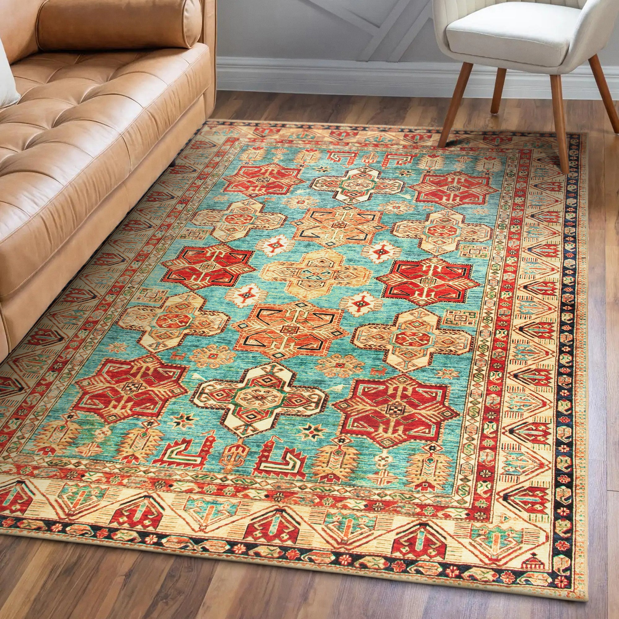 Ottoman Turquoise Living Room Washable Rug
