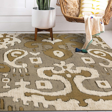 Ochre Ikat Grey Gold Washable Rug