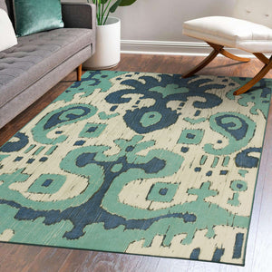 Ochre Ikat Steel Blue Washable Rug