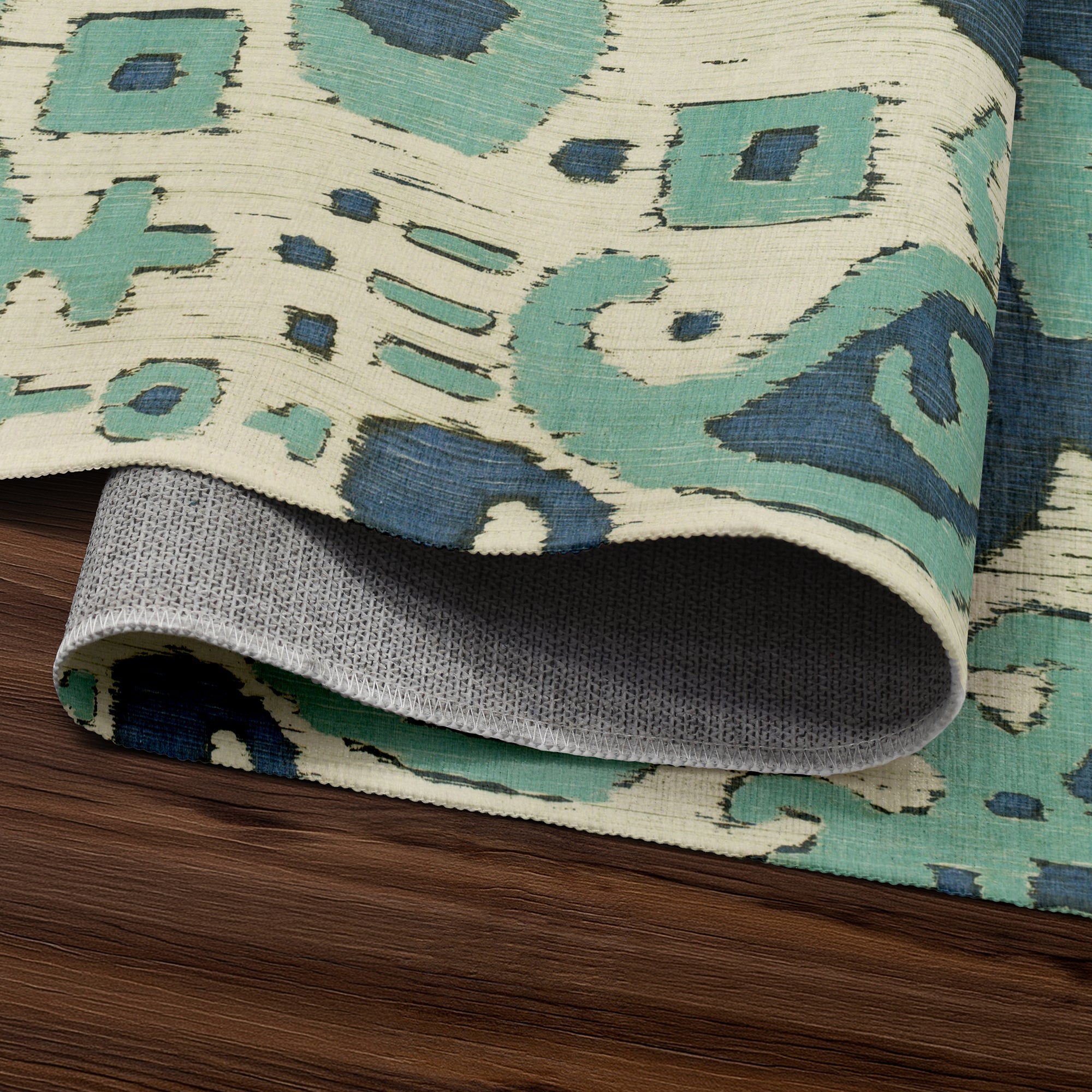 Ochre Ikat Steel Blue Hallway Washable Rug