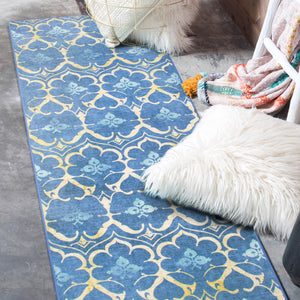 Leilani Damask Blue Washable Rug