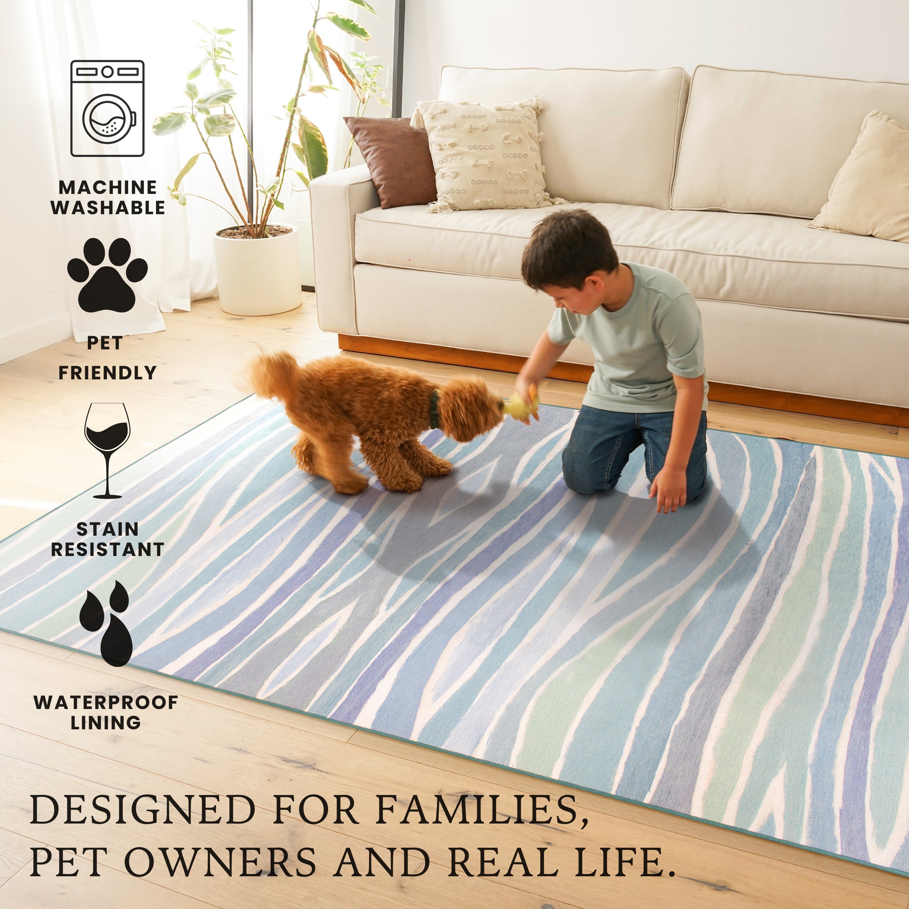Waves Ocean Blue Washable Rug