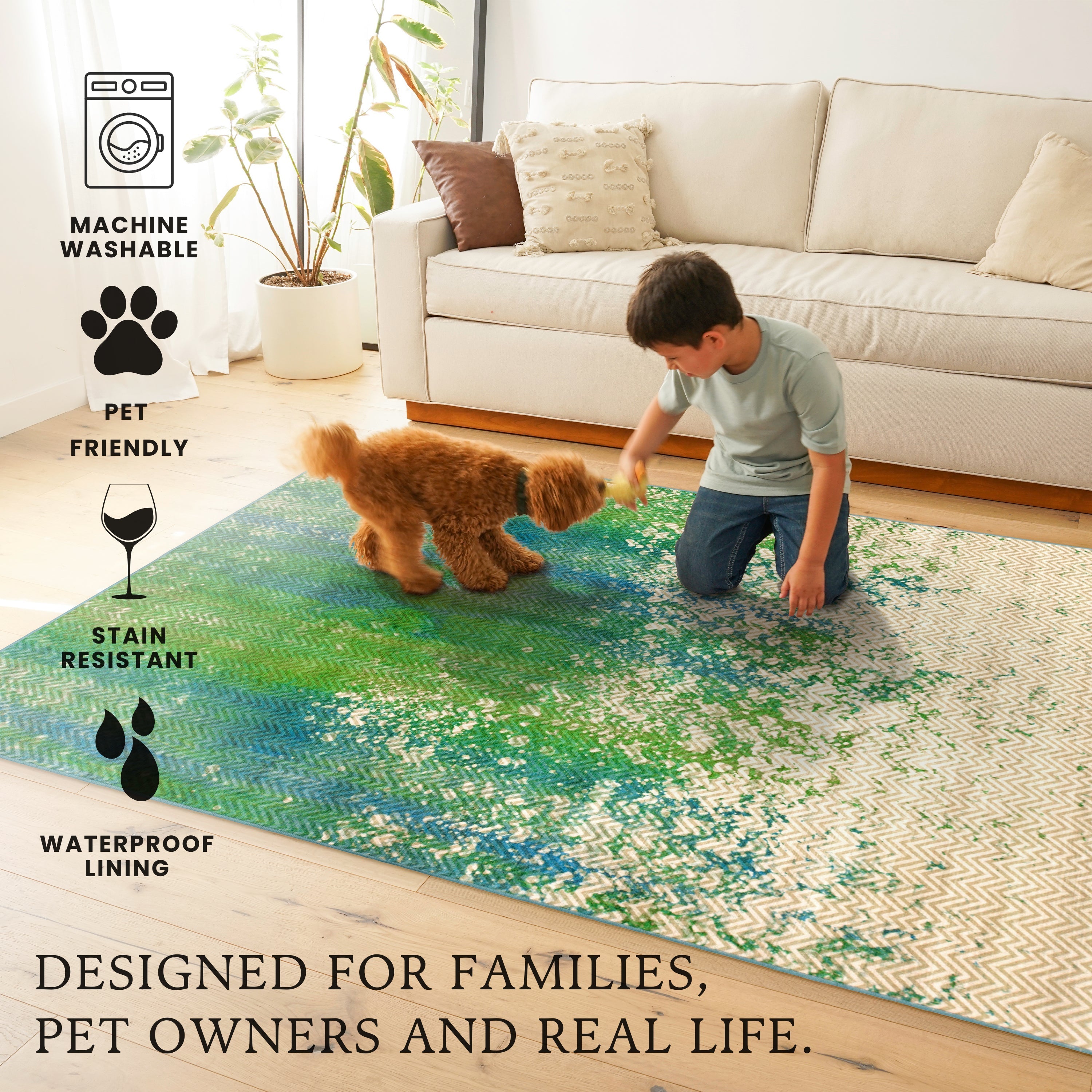 Hazel Chevron Teal Living Room Washable Rug